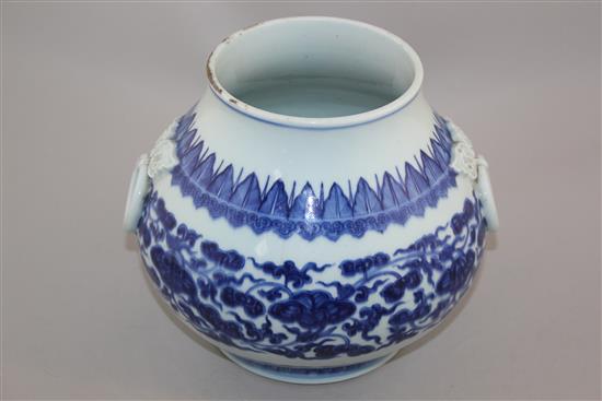 A rare Chinese blue and white two handled baluster vase, Zun, Qianlong period, height 19.5cm, glaze losses around a third of the rim